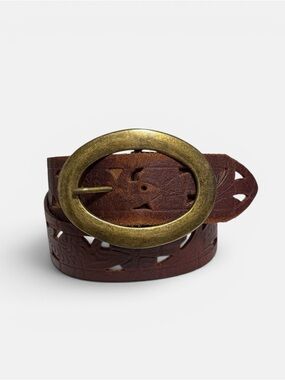 Landes Tooled Leather Belt With Oversized Buckle